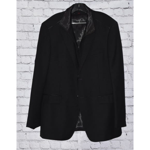 Mattarazi Uomo Wool & Leather Detail Black Zipper Single Breasted Jacket Size 54 - Picture 1 of 12